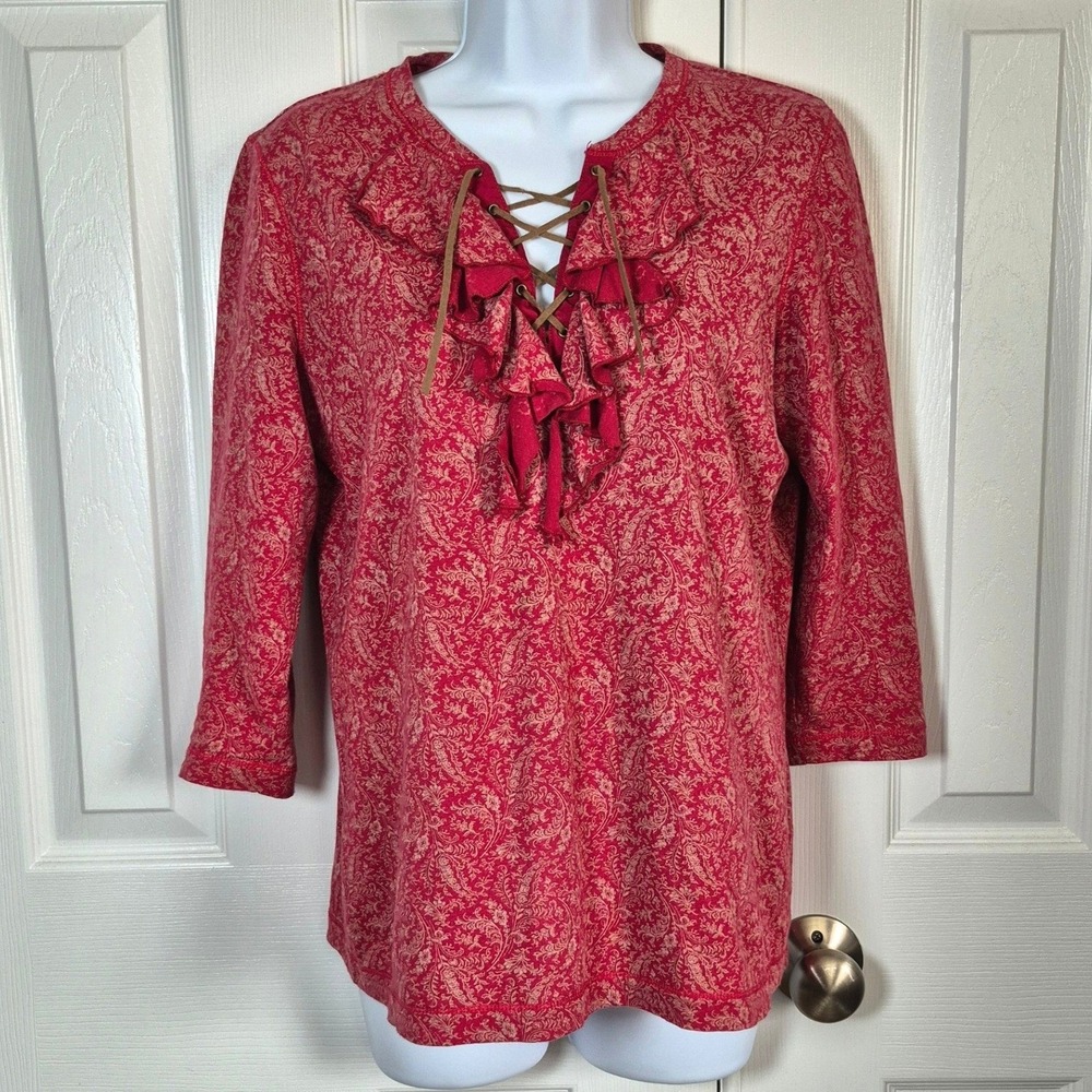 Lauren Jeans Co vintage Y2k red tan lace up ruffle 3/4 sleeve top women's medium